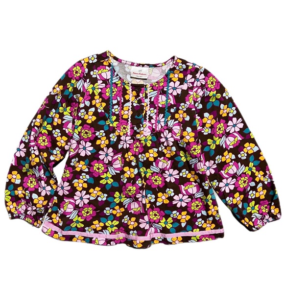 Hanna Andersson Other - Hanna Andersson Brown and Pink Floral Shirt 120cm Size 6 Tie Back Ribbon Trim